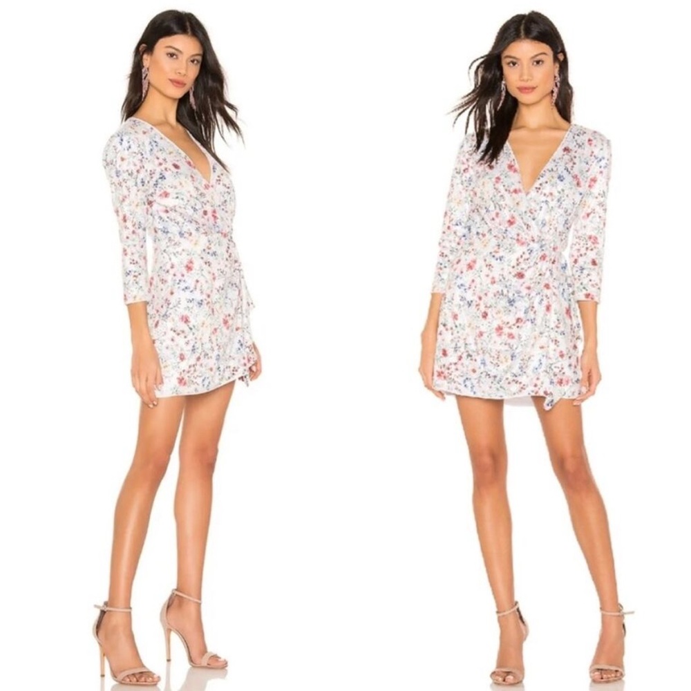 Majorelle | Carolina White Floral Sequin 3/4 Sleeve Mini Dress Medium